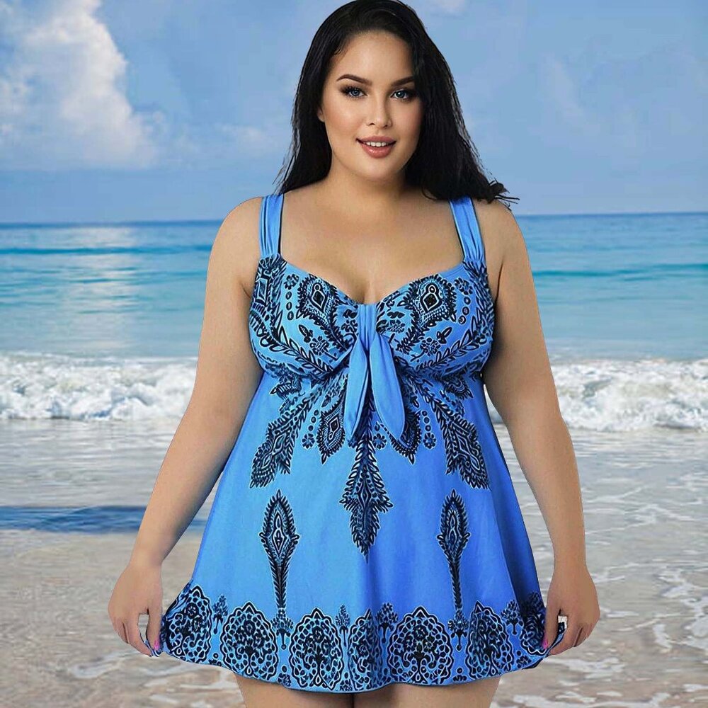 Plus Sky Blue Paisley Print 2Pc Swimdress Set Wide Strap Womens Size 18 Swimwear